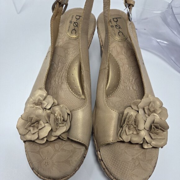 BOC Born Leather Slingback Dandee Bronze Wedge Sandals Flower Cork Cushion Sz 11 - Picture 6 of 14